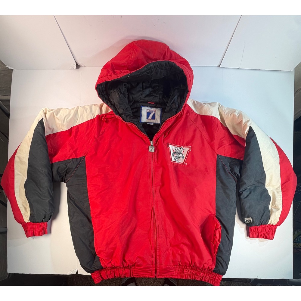 Vintage Logo 7 Wisconsin Badgers Puffer Jacket XL Red Black Hooded Coat NCAA